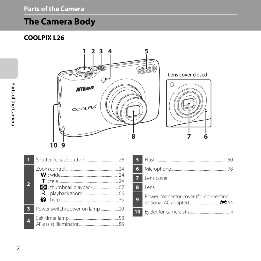 Nikon COOLPIXL26BLK, L25, COOLPIXL26SIL, COOLPIXL26RED, 26299 manual Camera Body, Wide, Lens cover closed 