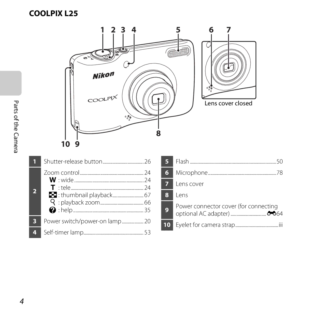 Nikon L25, COOLPIXL26SIL, COOLPIXL26RED, COOLPIXL26BLK, 26299 manual Lens cover, E64 