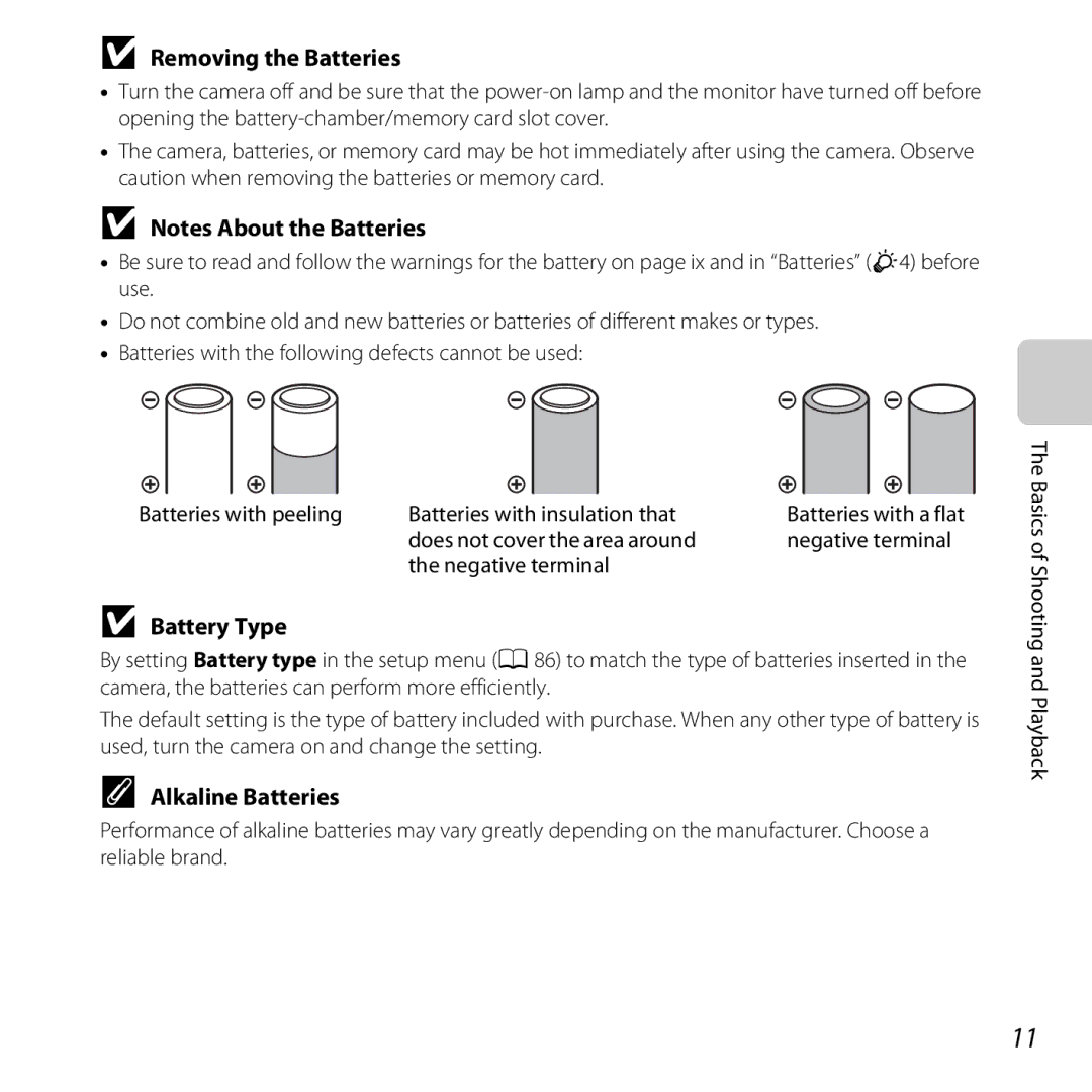 Nikon L26, L25 Removing the Batteries, Battery Type, Alkaline Batteries, Does not cover the area around Negative terminal 