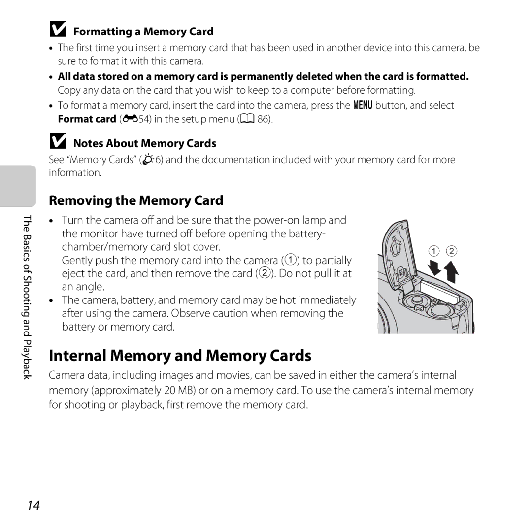 Nikon COOLPIXL26BLK, L25, 26299 manual Internal Memory and Memory Cards, Removing the Memory Card, Formatting a Memory Card 