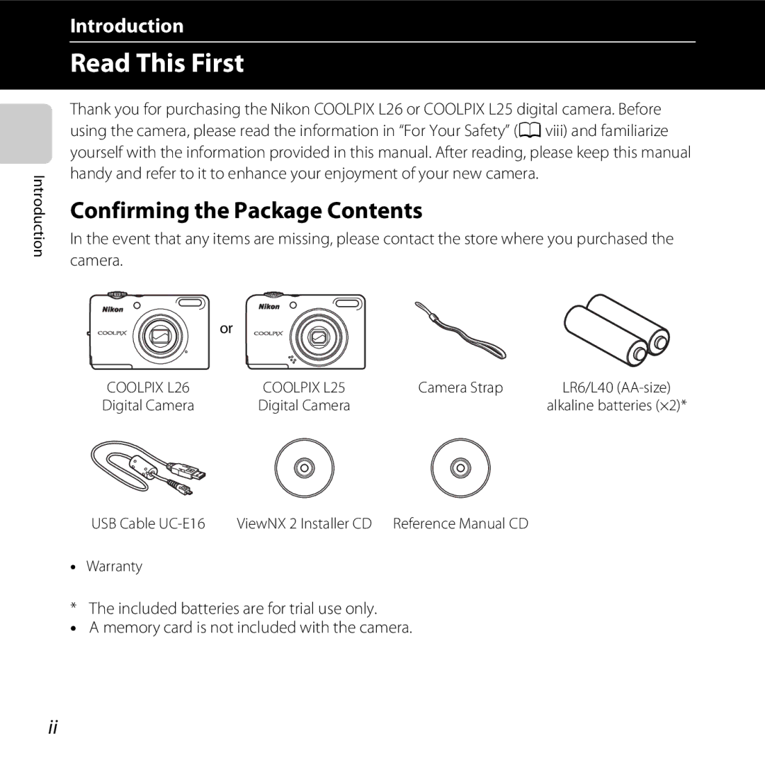 Nikon COOLPIXL26BLK, L25, COOLPIXL26SIL, COOLPIXL26RED, 26299 manual Read This First, Confirming the Package Contents 