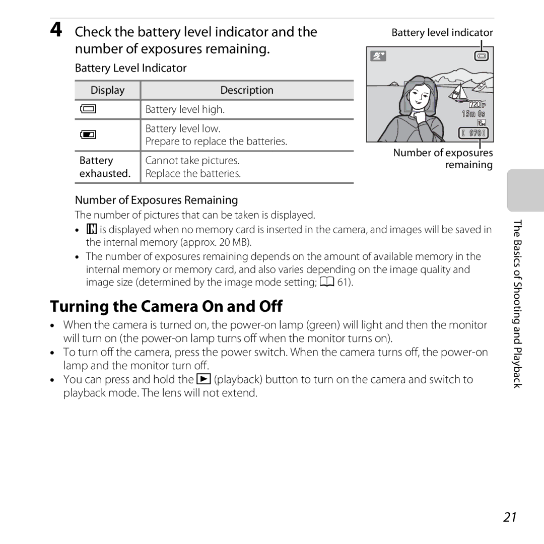 Nikon 26299, L25, COOLPIXL26SIL, COOLPIXL26RED manual Turning the Camera On and Off, Exhausted, Battery level indicator 