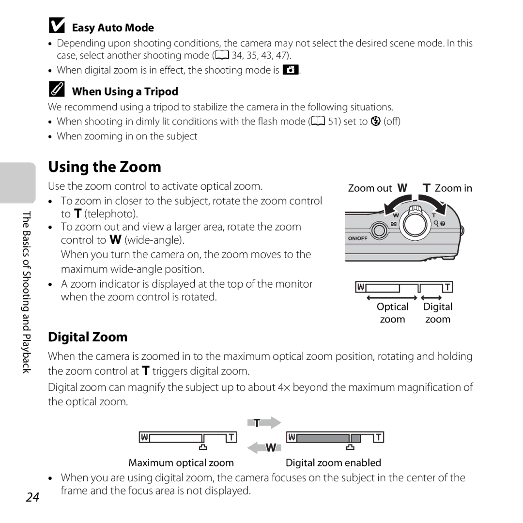 Nikon COOLPIXL26SIL, L25, COOLPIXL26RED, COOLPIXL26BLK Using the Zoom, Digital Zoom, Easy Auto Mode, When Using a Tripod 