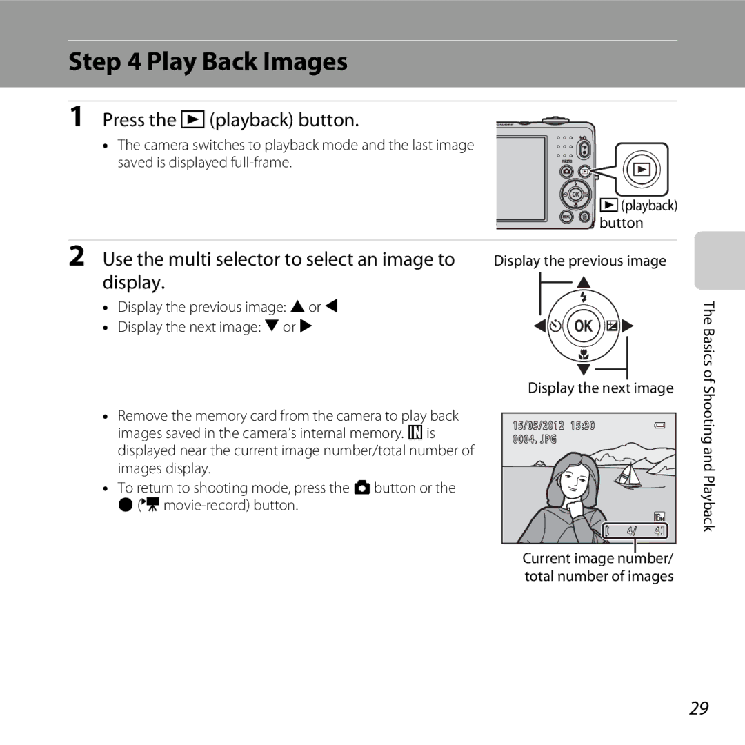 Nikon L26, L25, 26299 Play Back Images, Press the cplayback button, Use the multi selector to select an image to, Display 