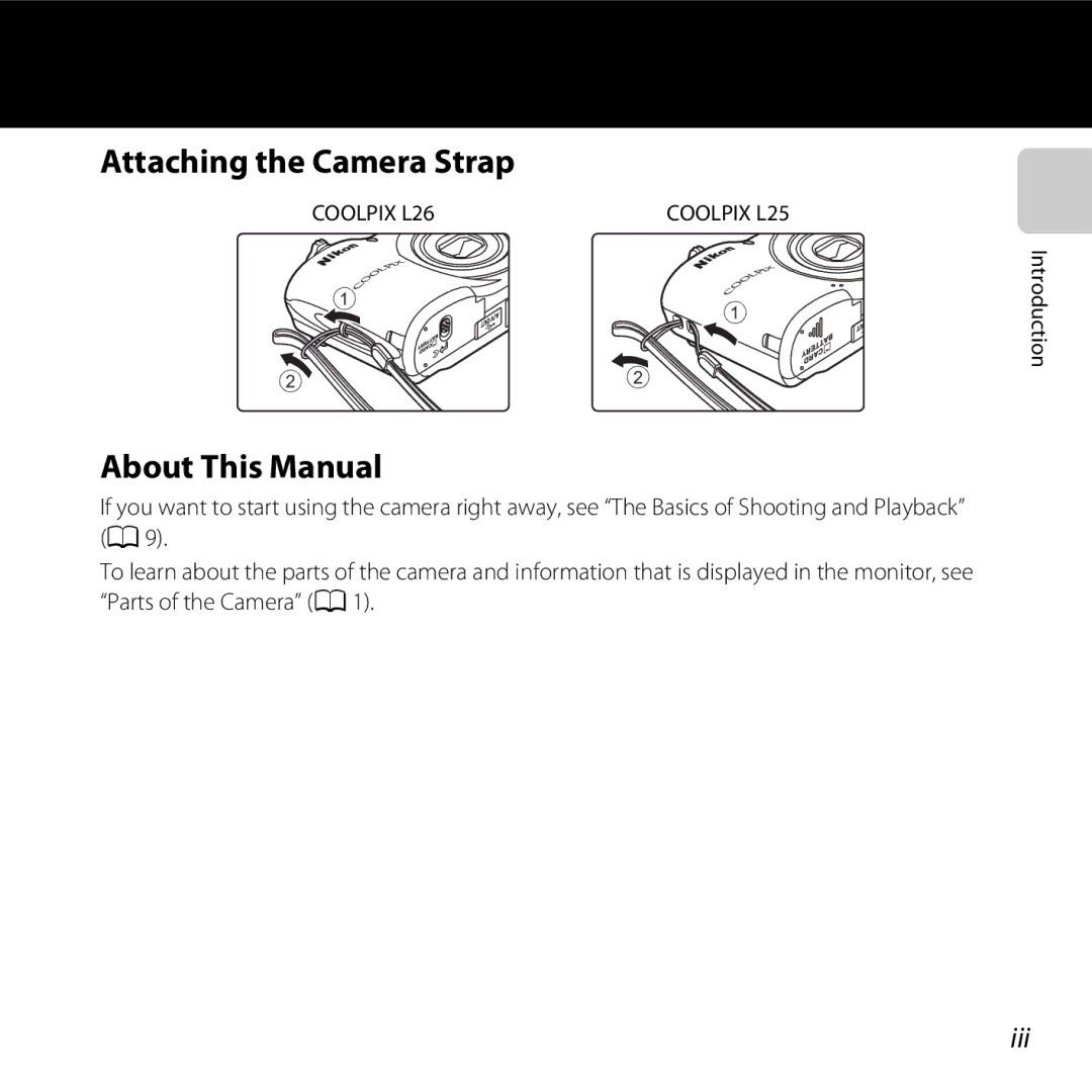 Nikon 26299, L25, COOLPIXL26SIL, COOLPIXL26RED, COOLPIXL26BLK manual Attaching the Camera Strap, About This Manual, Iii 