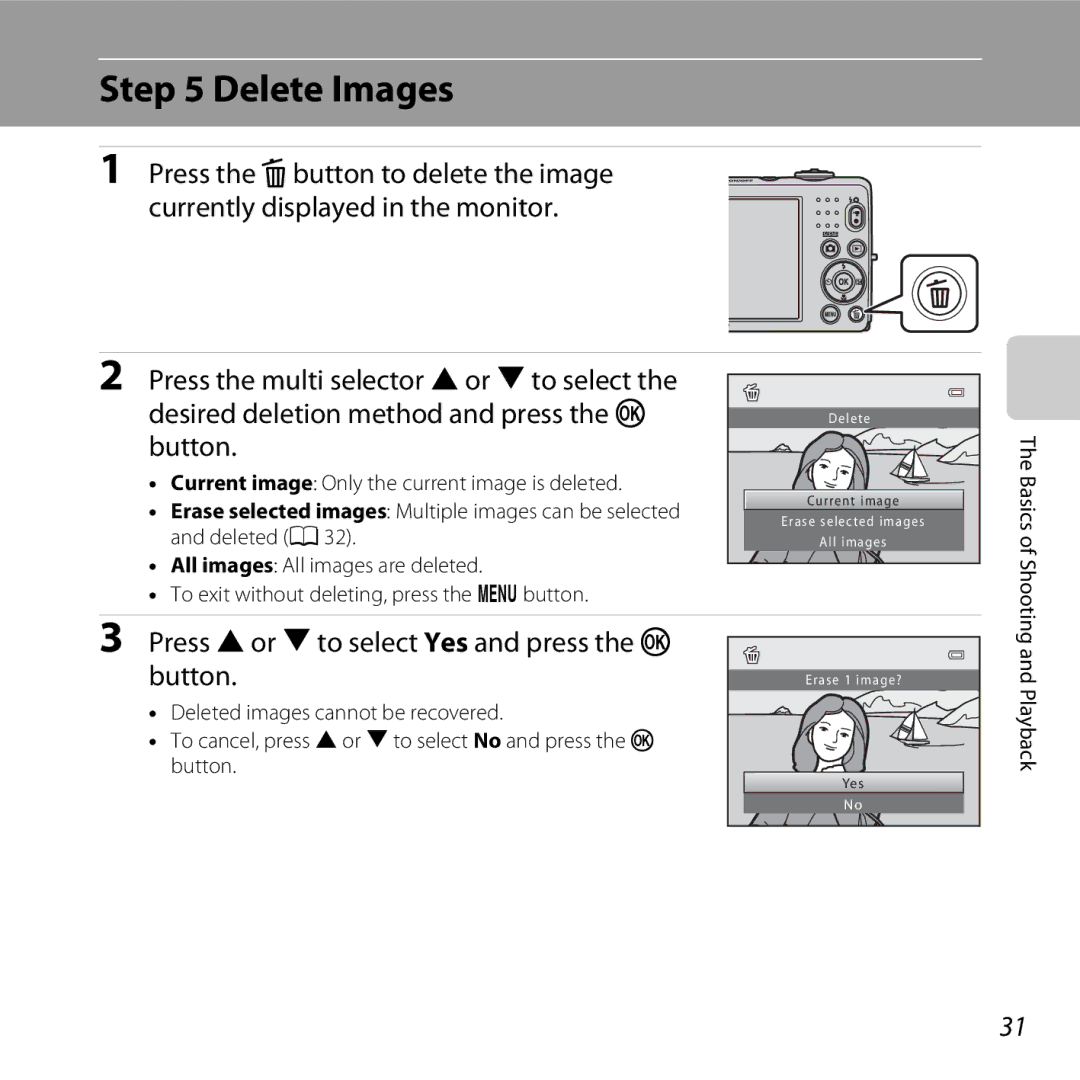 Nikon COOLPIXL26RED, L25, COOLPIXL26SIL, COOLPIXL26BLK, 26299 Delete Images, Press Hor Ito select Yes and press the k button 