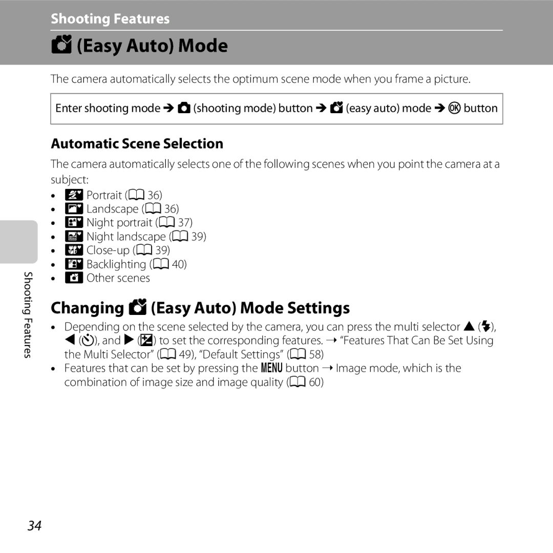 Nikon L25, COOLPIXL26SIL, COOLPIXL26RED, COOLPIXL26BLK Changing GEasy Auto Mode Settings, Automatic Scene Selection 