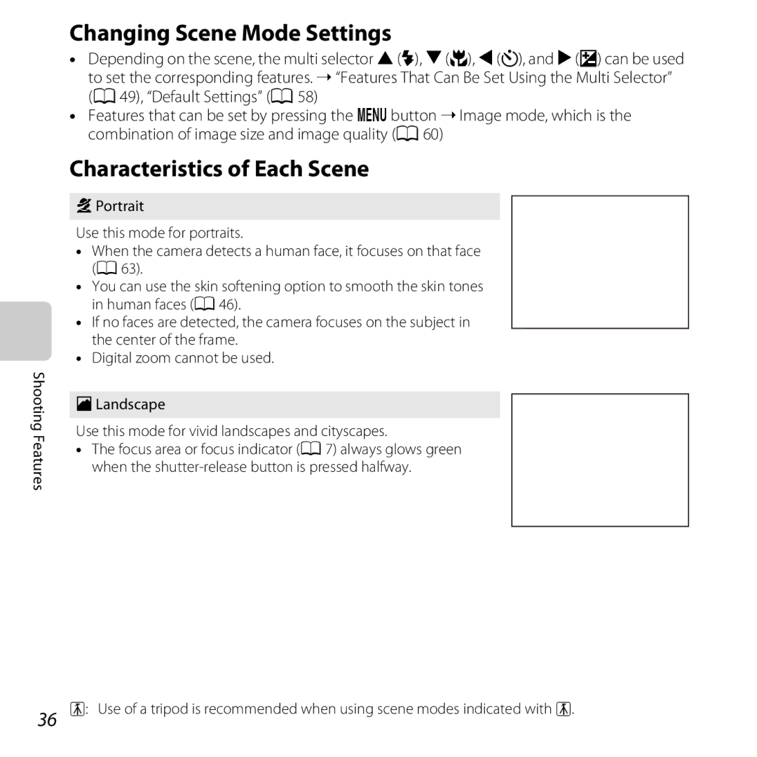 Nikon COOLPIXL26SIL, L25, COOLPIXL26RED, COOLPIXL26BLK, 26299 Changing Scene Mode Settings, Characteristics of Each Scene 