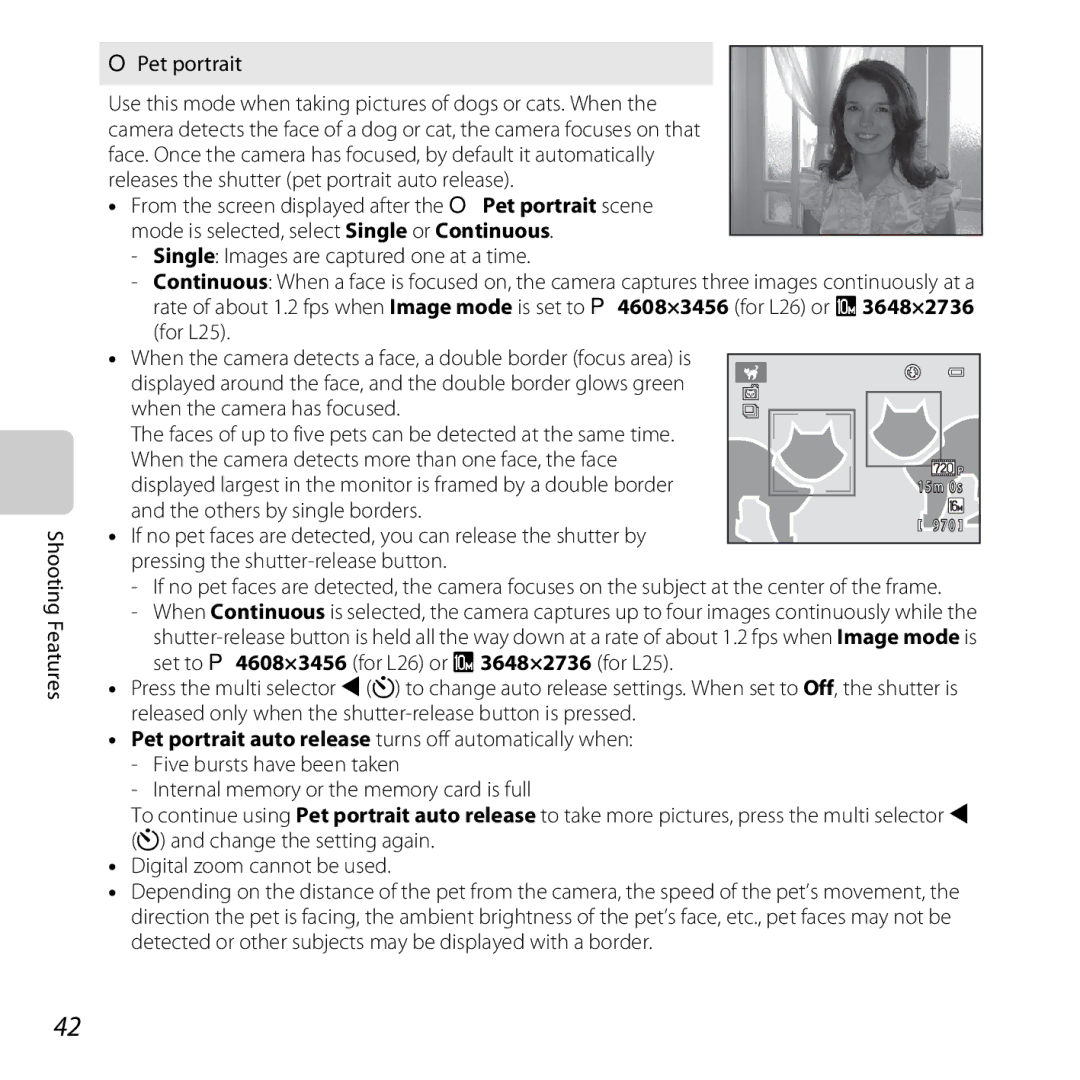 Nikon COOLPIXL26SIL, L25, COOLPIXL26RED, COOLPIXL26BLK, 26299 manual Shooting Features OPet portrait 