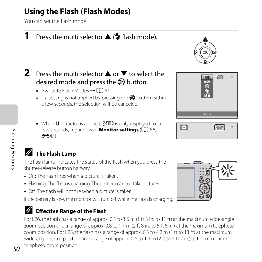 Nikon COOLPIXL26BLK, L25 Using the Flash Flash Modes, Flash Lamp, Effective Range of the Flash, Telephoto zoom position 