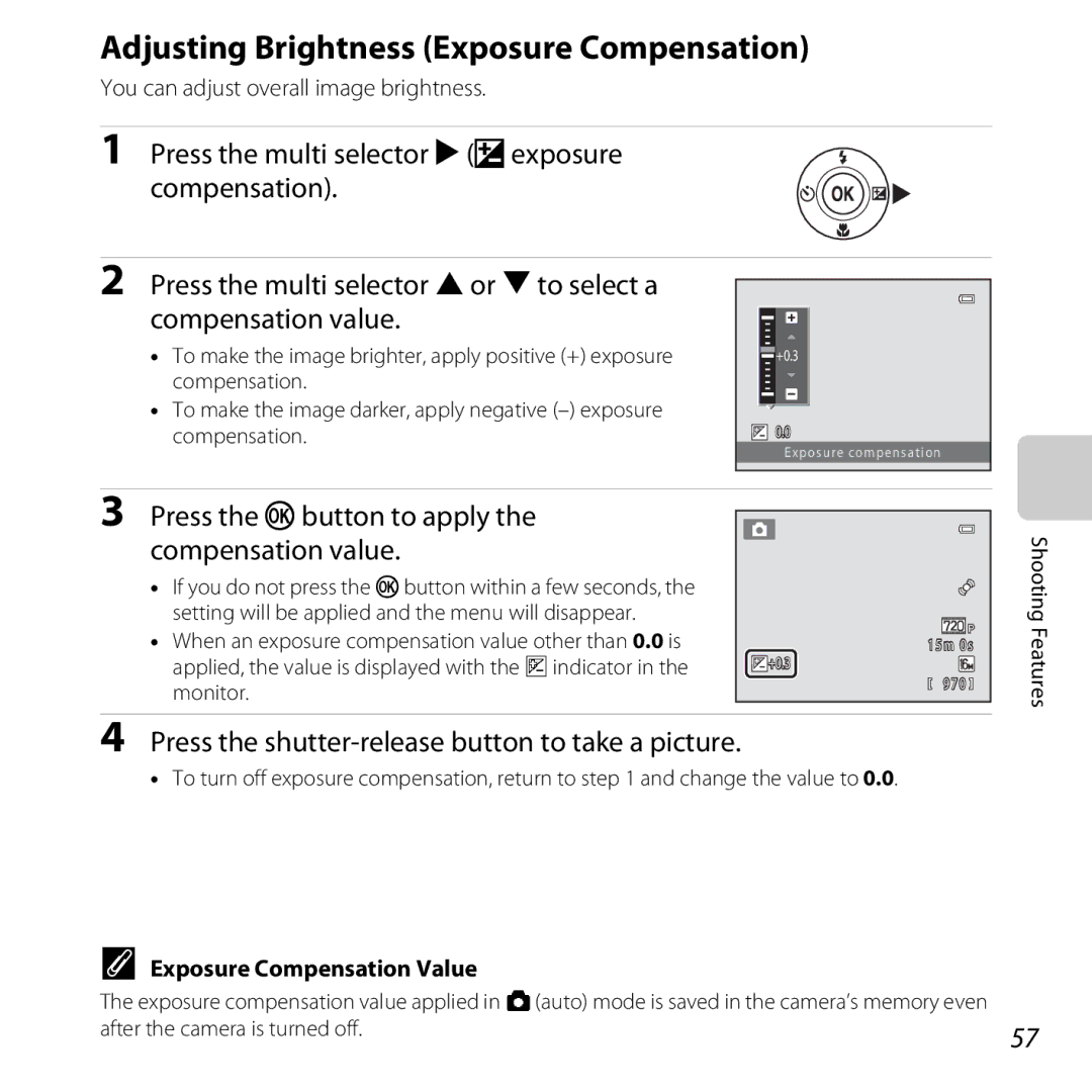 Nikon 26299, L25, L26 manual Adjusting Brightness Exposure Compensation, Press the kbutton to apply the compensation value 