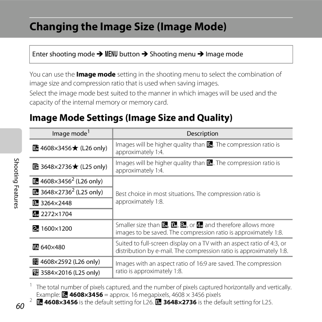 Nikon COOLPIXL26SIL, L25, COOLPIXL26RED manual Changing the Image Size Image Mode, Image Mode Settings Image Size and Quality 