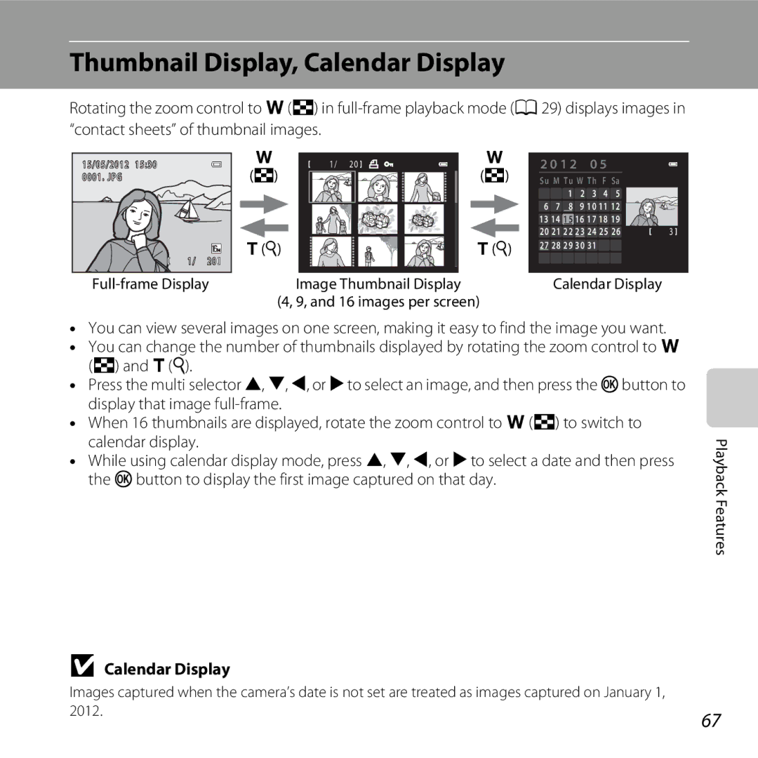 Nikon COOLPIXL26RED, L25, COOLPIXL26SIL, COOLPIXL26BLK, 26299 manual Thumbnail Display, Calendar Display 