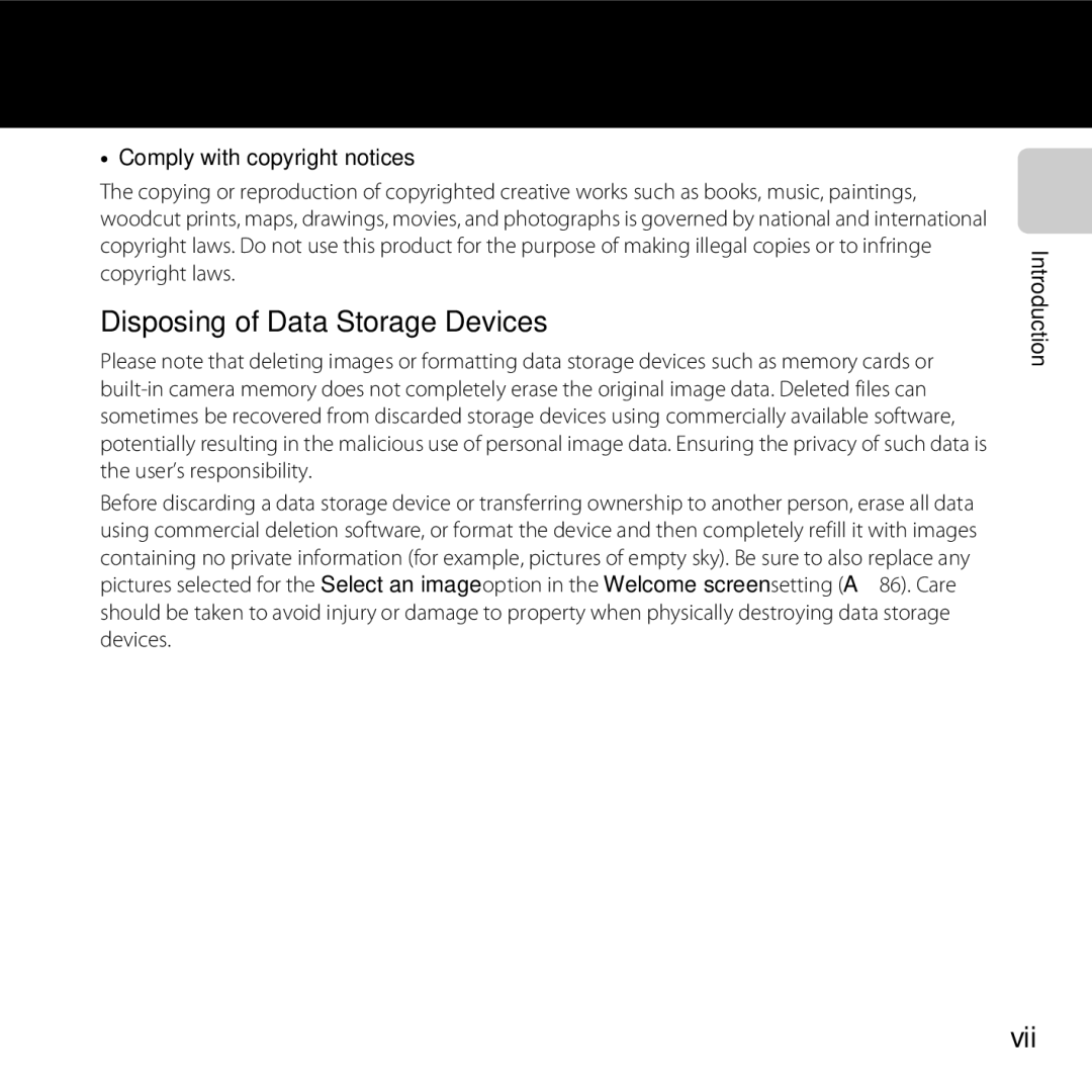 Nikon COOLPIXL26RED, L25, COOLPIXL26SIL, COOLPIXL26BLK Disposing of Data Storage Devices, Vii, Comply with copyright notices 