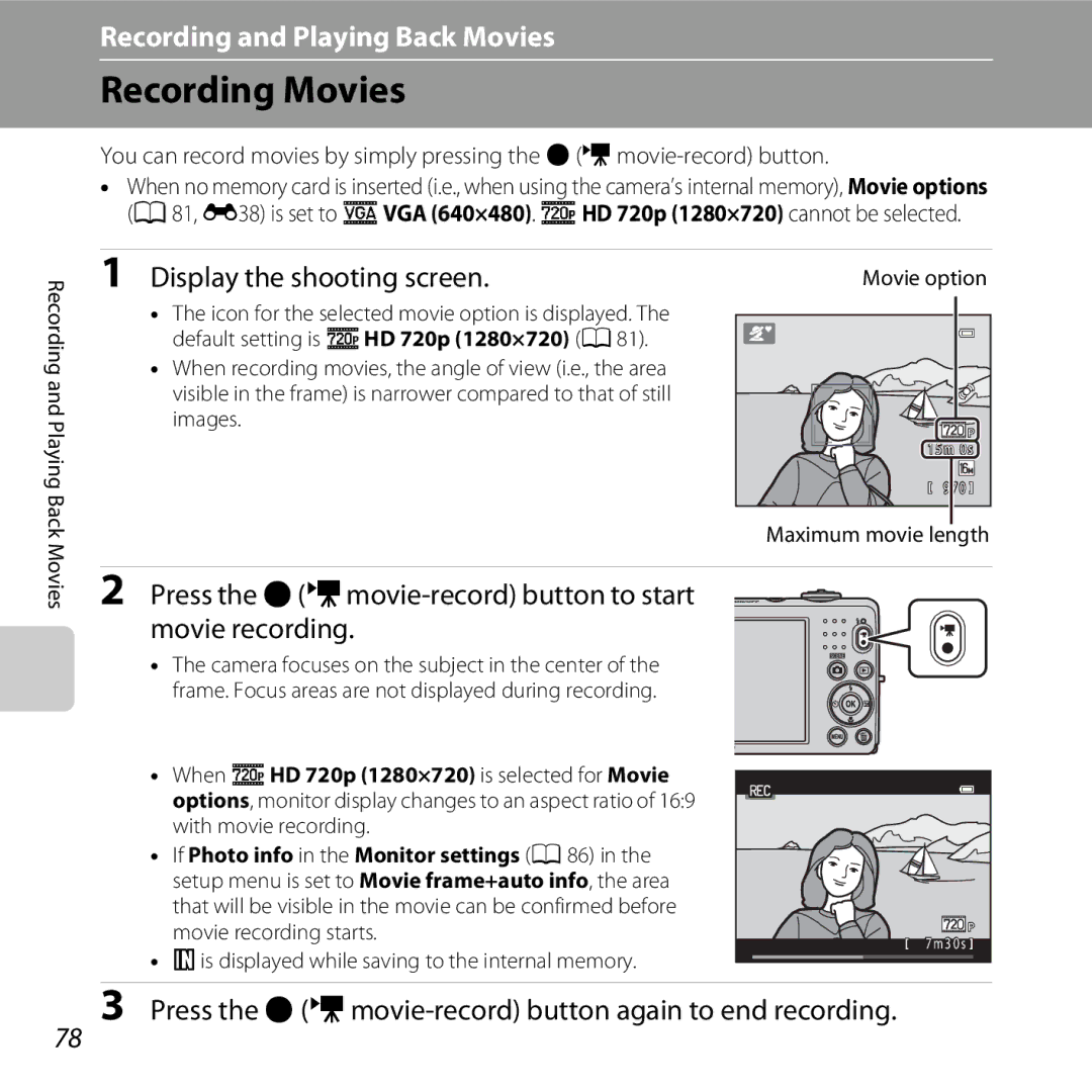 Nikon COOLPIXL26SIL Recording Movies, Display the shooting screen, Press the bemovie-record button again to end recording 