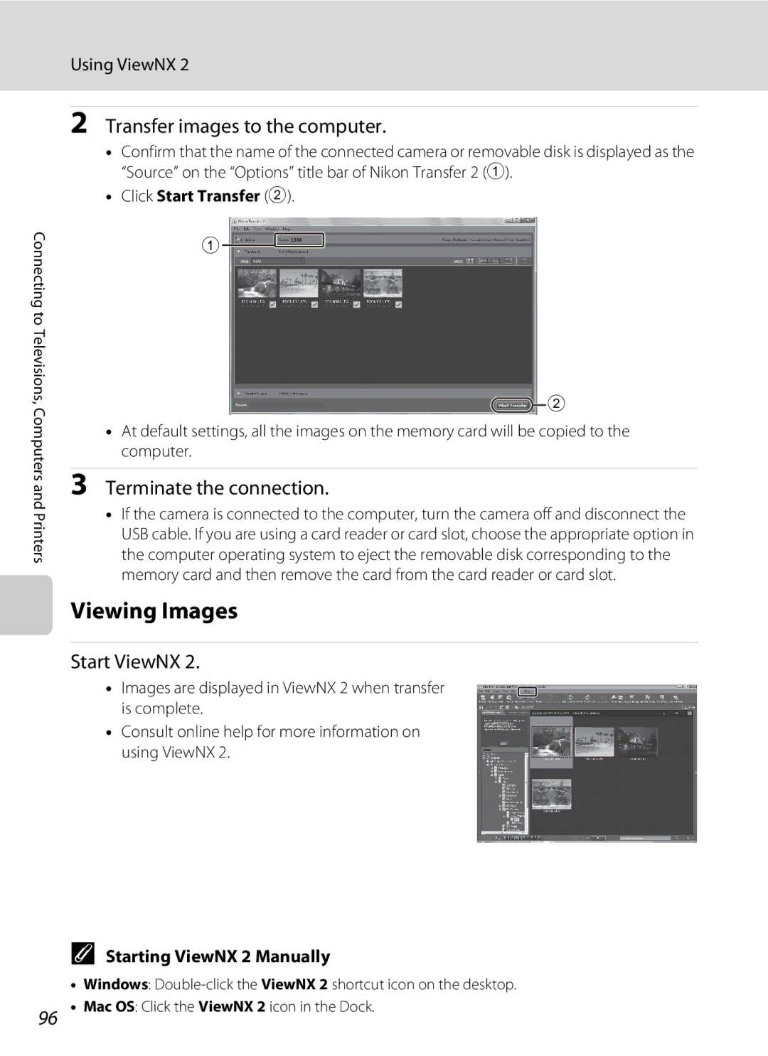 Nikon L310, 26331 user manual Viewing Images, Transfer images to the computer, Terminate the connection, Start ViewNX 