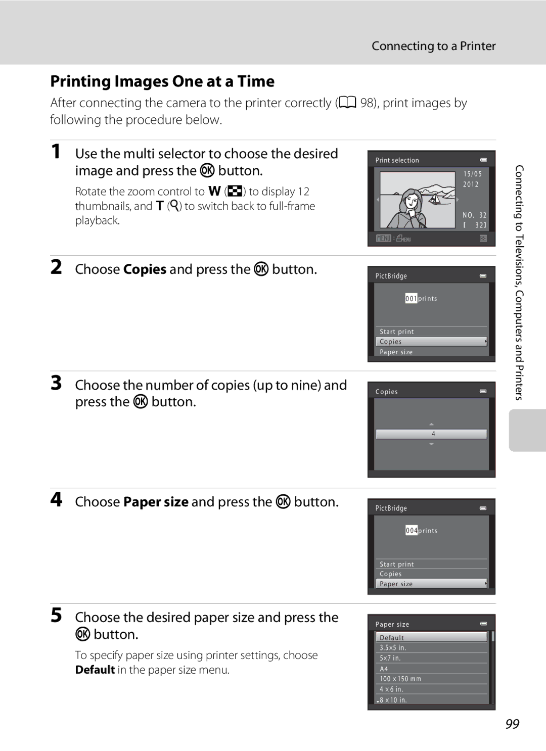 Nikon 26331 Printing Images One at a Time, Choose Copies and press the kbutton, Choose Paper size and press the kbutton 