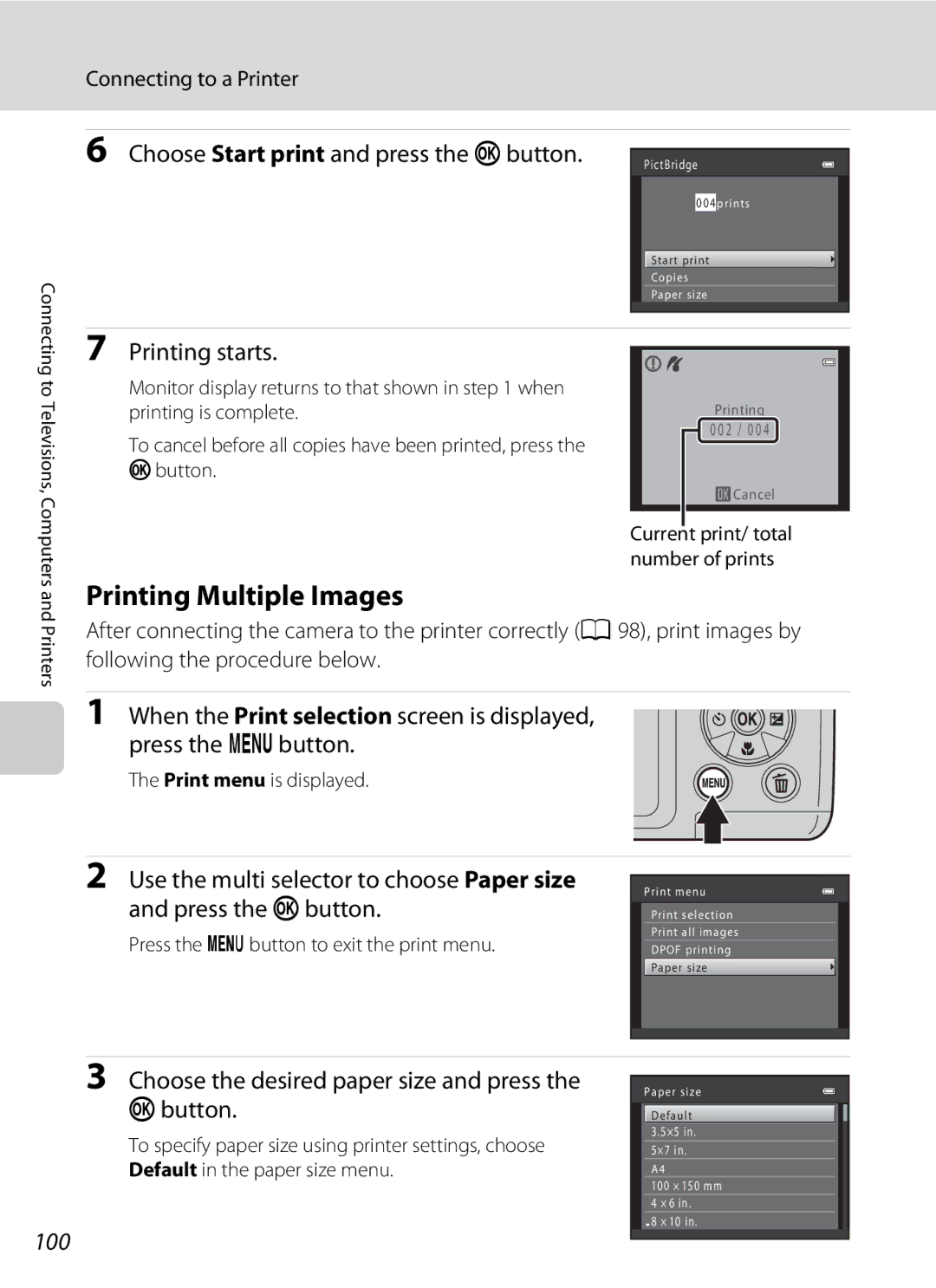 Nikon L310, 26331 user manual Printing Multiple Images, Choose Start print and press the kbutton, Printing starts, 100 