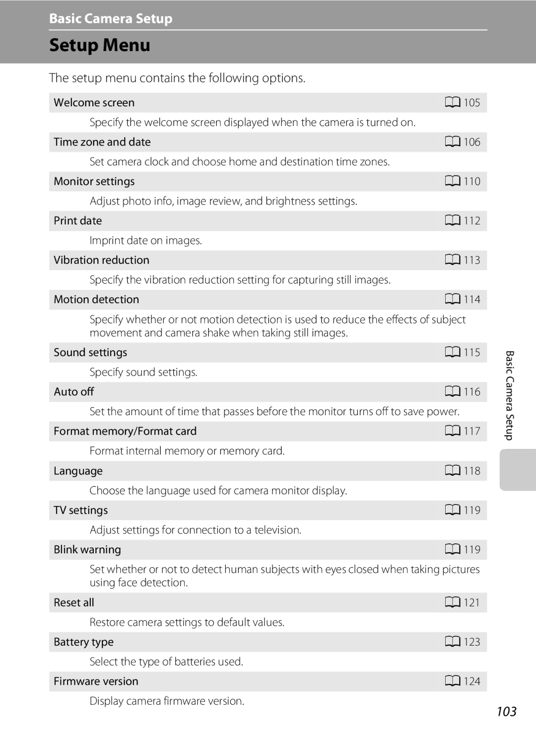 Nikon 26331, L310 user manual Setup Menu, 103, Setup menu contains the following options, Welcome screen 105 