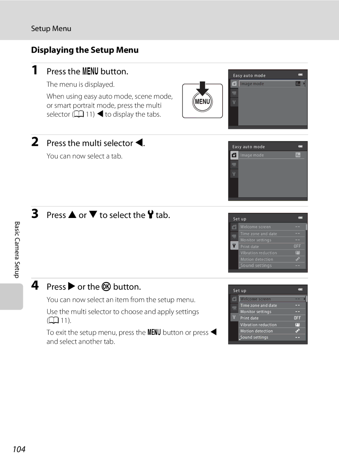 Nikon L310, 26331 user manual Displaying the Setup Menu, 104 