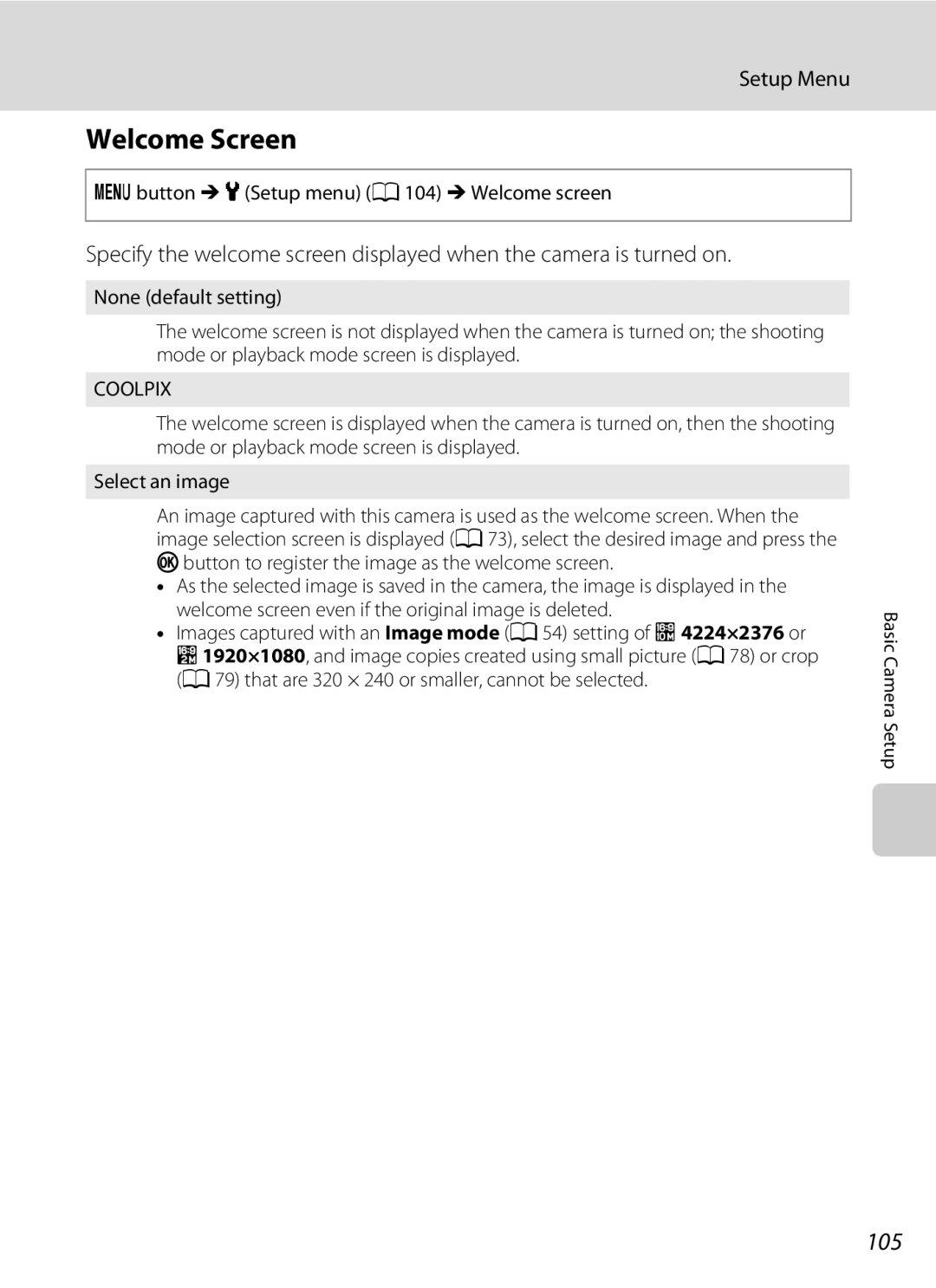 Nikon 26331, L310 user manual Welcome Screen, 105, Dbutton M zSetup menu A104 M Welcome screen 