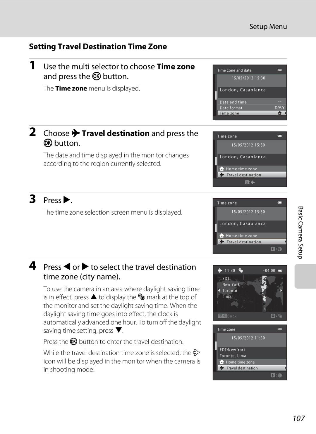 Nikon 26331, L310 Setting Travel Destination Time Zone, Choose xTravel destination and press the kbutton, Press K, 107 