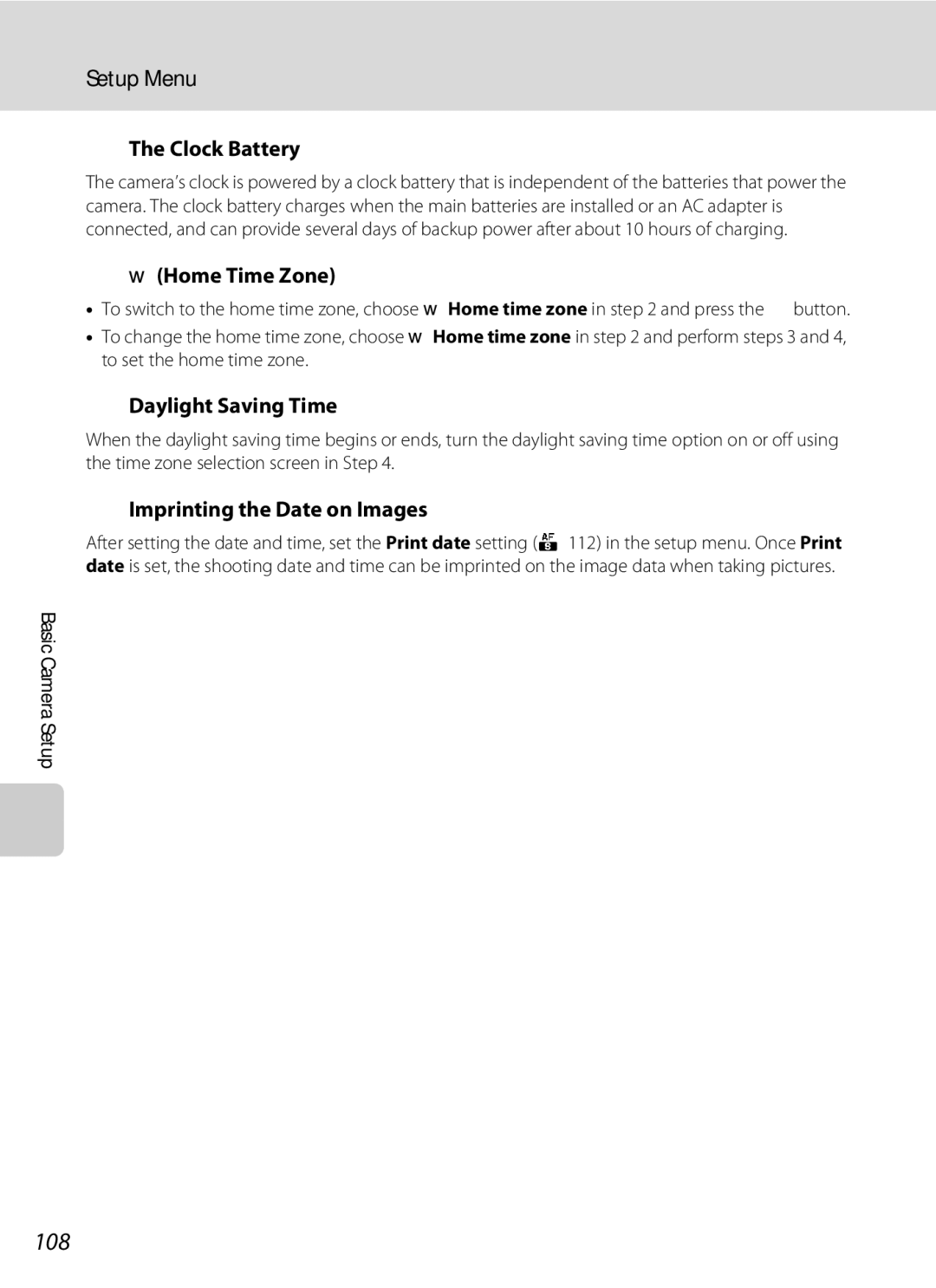 Nikon L310, 26331 user manual 108, Clock Battery, WHome Time Zone, Imprinting the Date on Images 