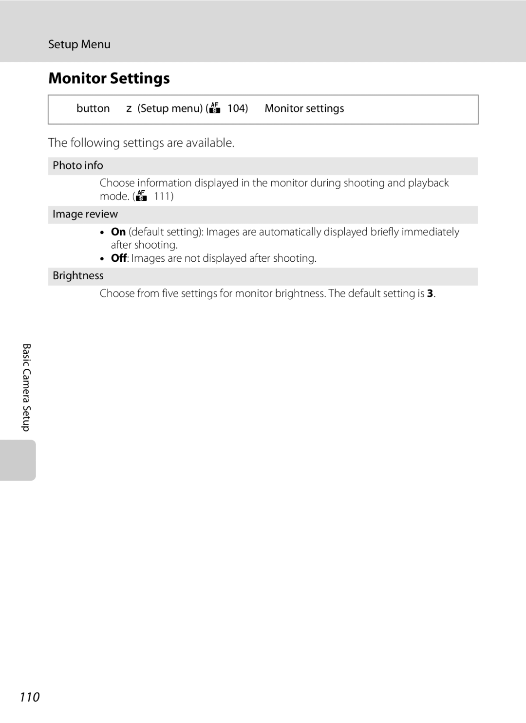 Nikon L310, 26331 Monitor Settings, 110, Following settings are available, Dbutton M zSetup menu A104 M Monitor settings 