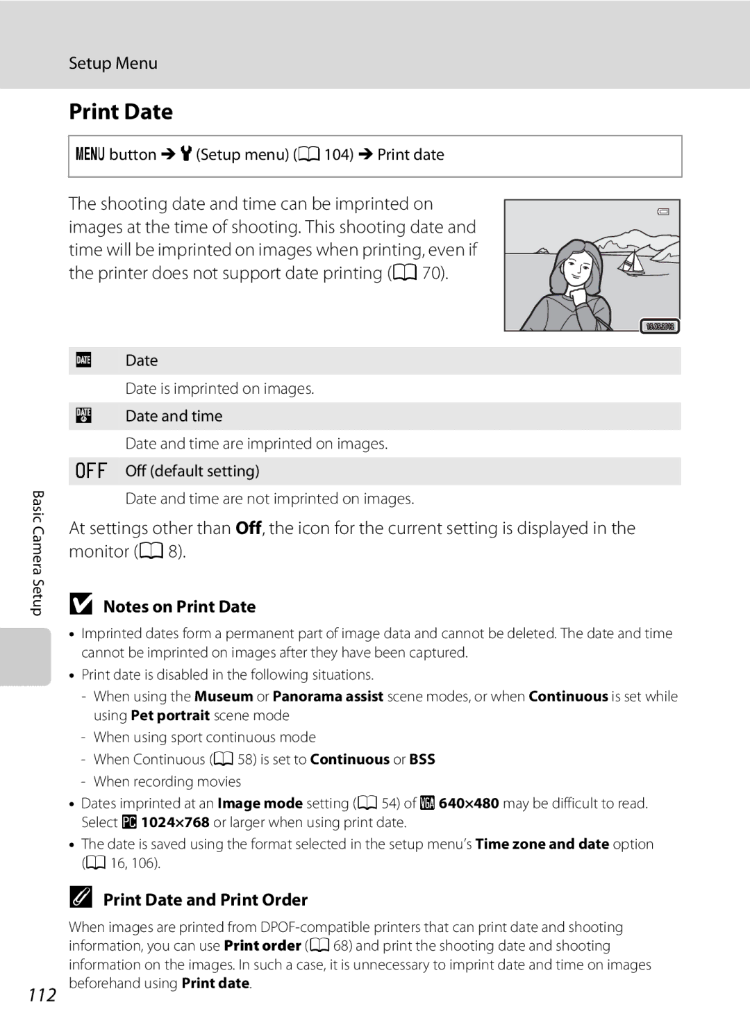 Nikon L310, 26331 user manual Print Date and Print Order, Dbutton M zSetup menu A104 M Print date 