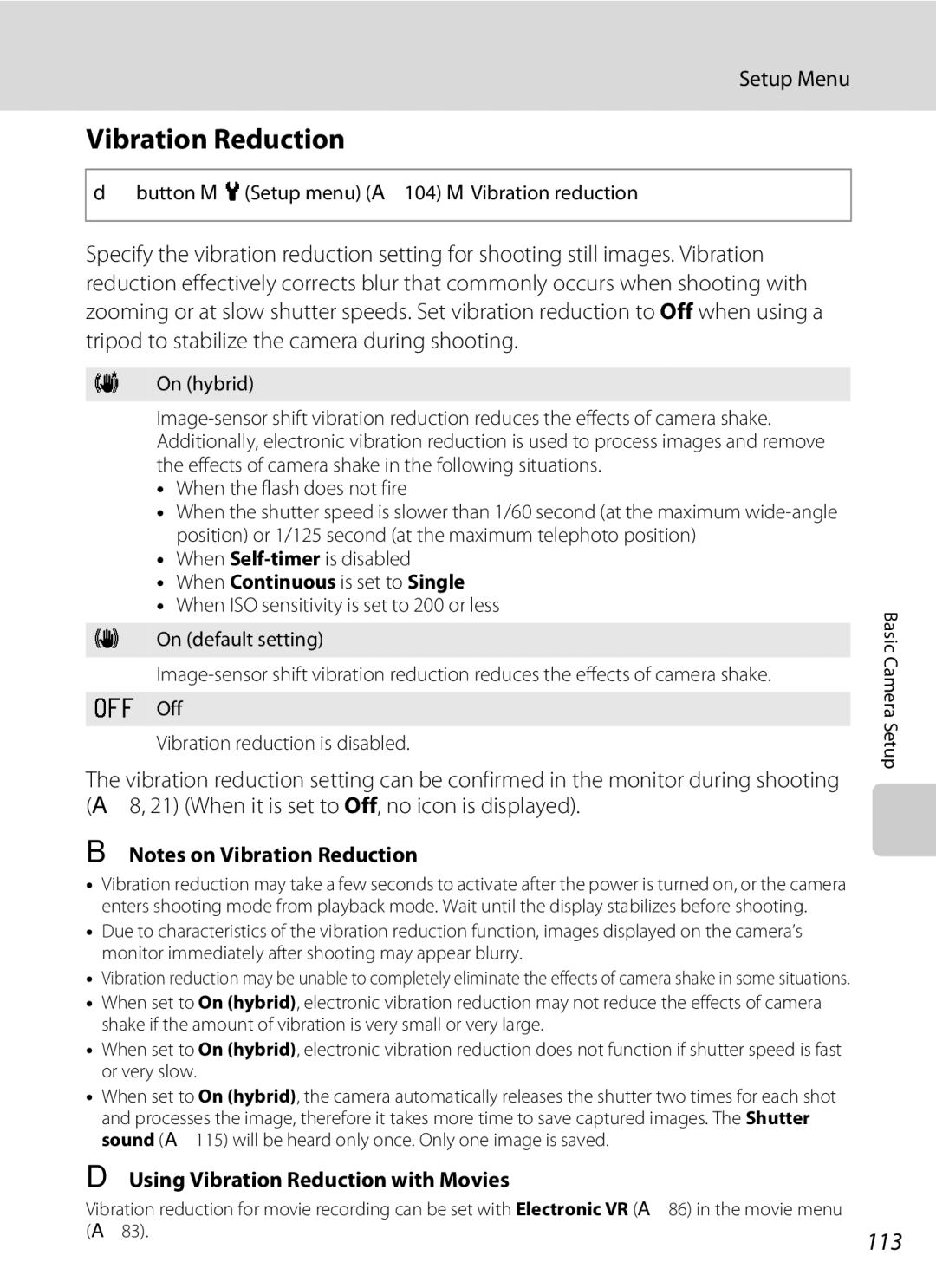 Nikon 26331, L310 user manual 113, Using Vibration Reduction with Movies, When Continuous is set to Single 