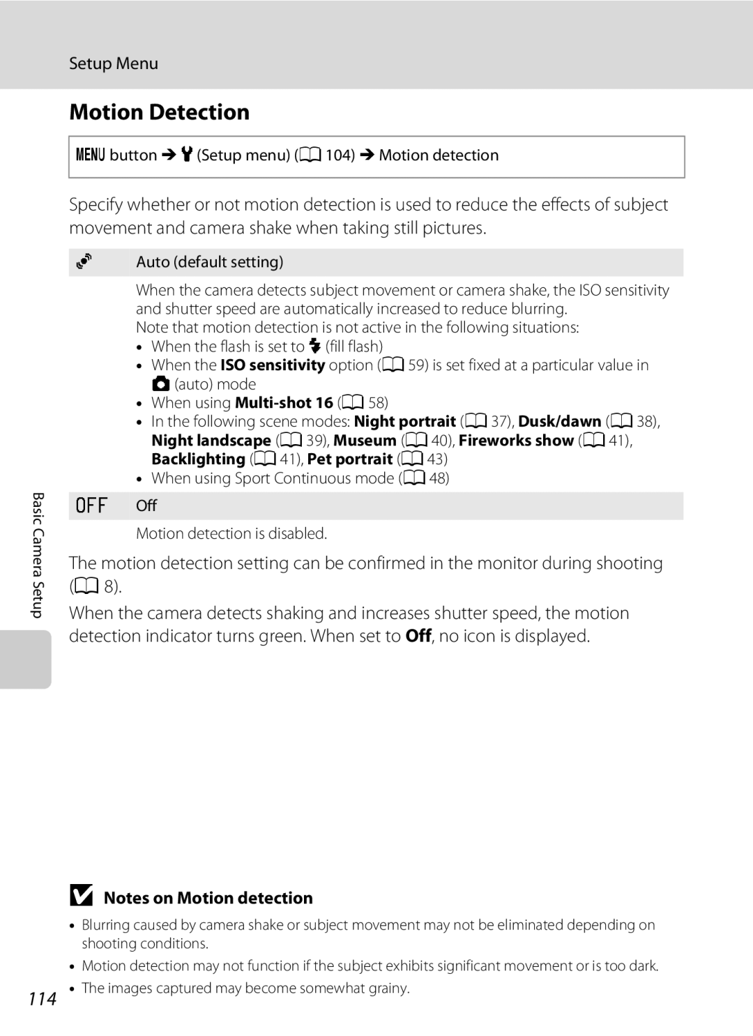 Nikon L310, 26331 Motion Detection, 114, Dbutton M zSetup menu A104 M Motion detection, When using Multi-shot 16 a 