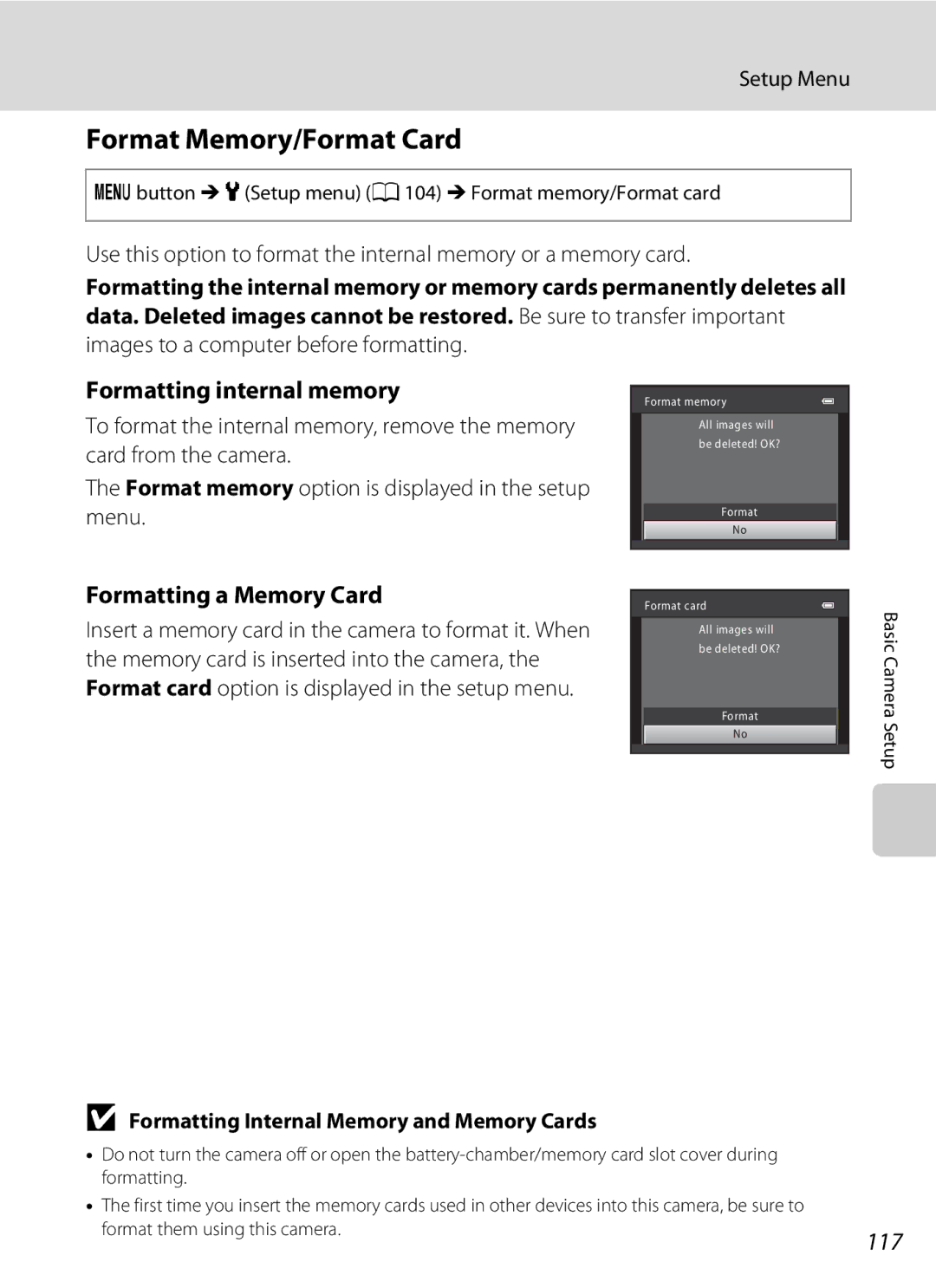 Nikon 26331, L310 user manual Format Memory/Format Card, Formatting internal memory, Formatting a Memory Card, 117 