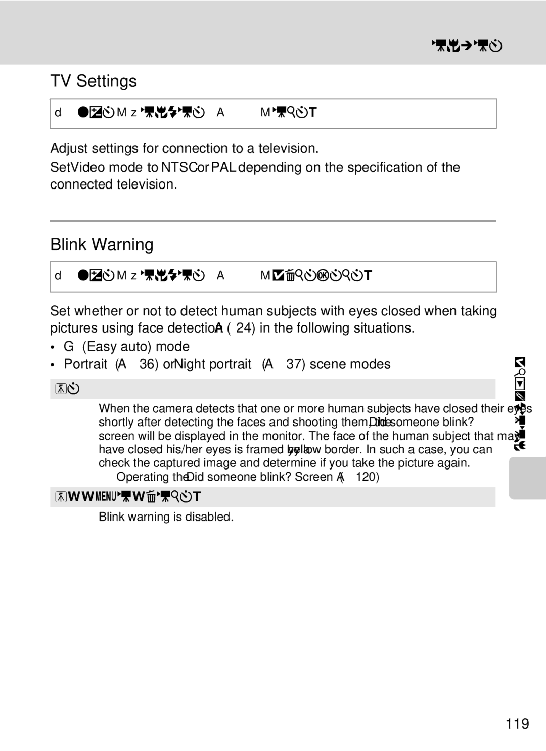 Nikon 26331, L310 user manual TV Settings, Blink Warning, 119, Portrait a 36 or Night portrait a 37 scene modes 