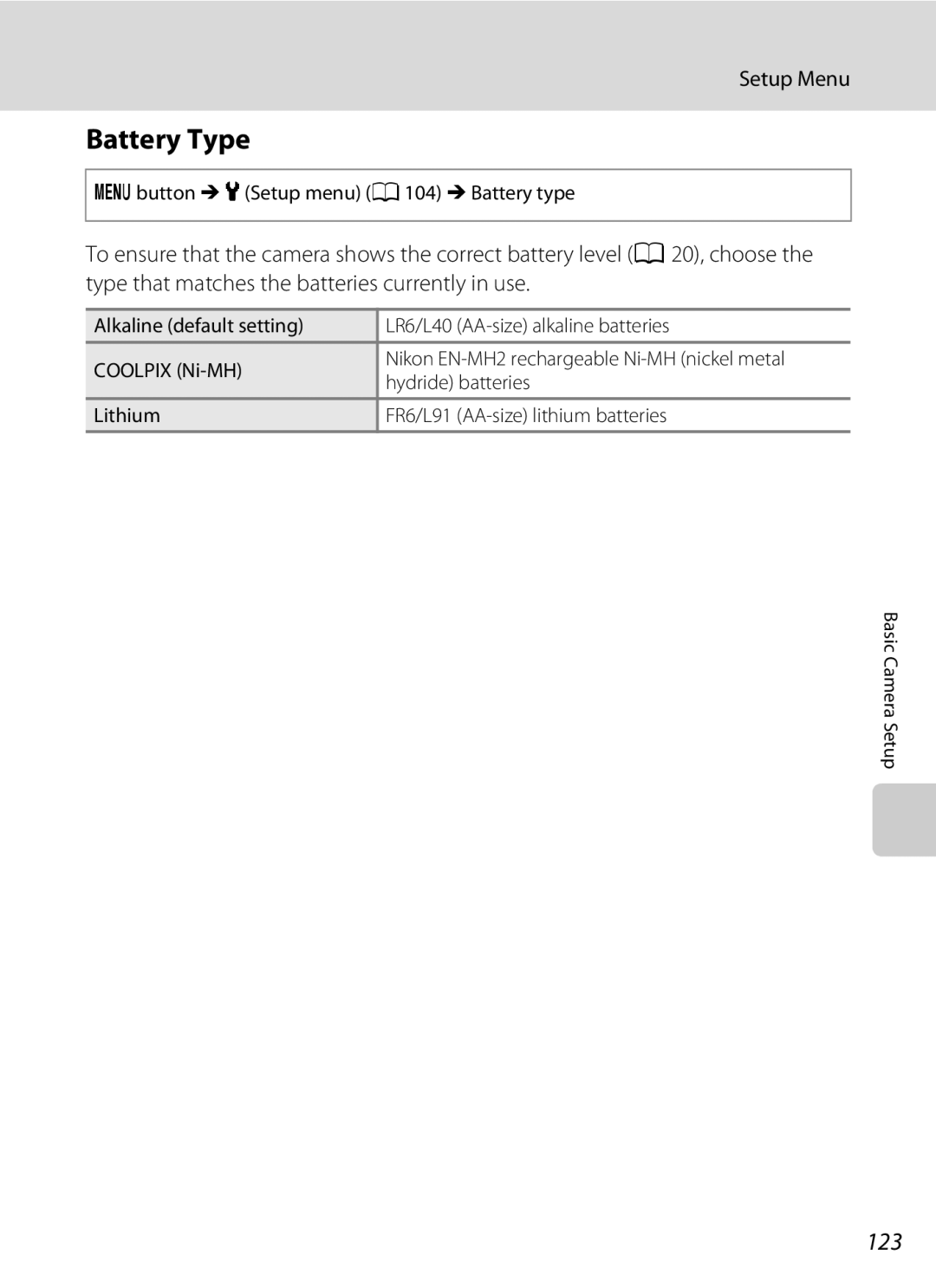 Nikon 26331, L310 user manual Battery Type, 123, Dbutton M zSetup menu A104 M Battery type, Hydride batteries 