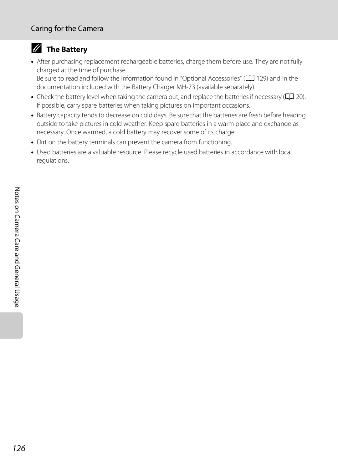 Nikon L310, 26331 user manual 126, Caring for the Camera, Battery 