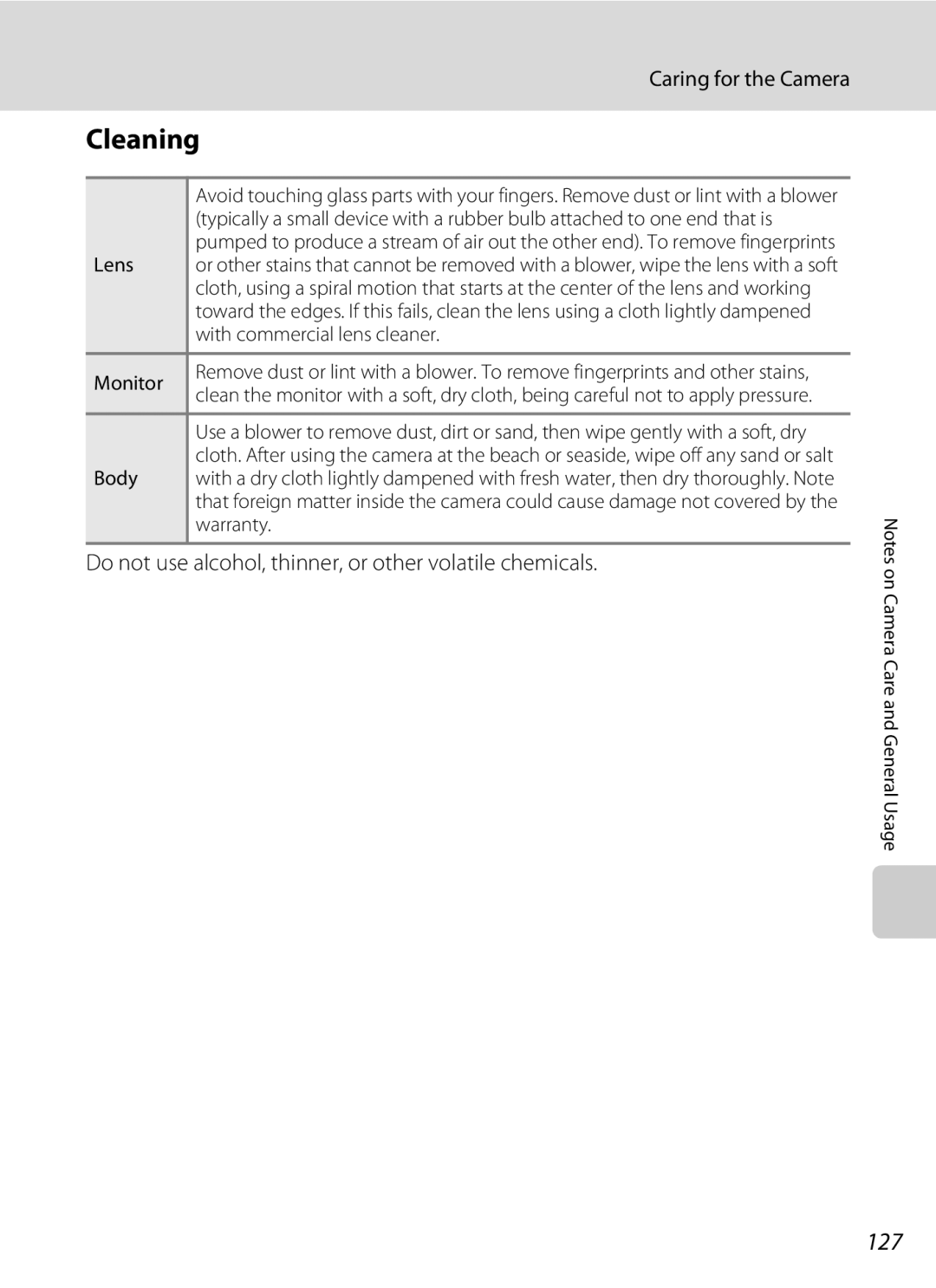 Nikon 26331, L310 user manual Cleaning, 127, Do not use alcohol, thinner, or other volatile chemicals 