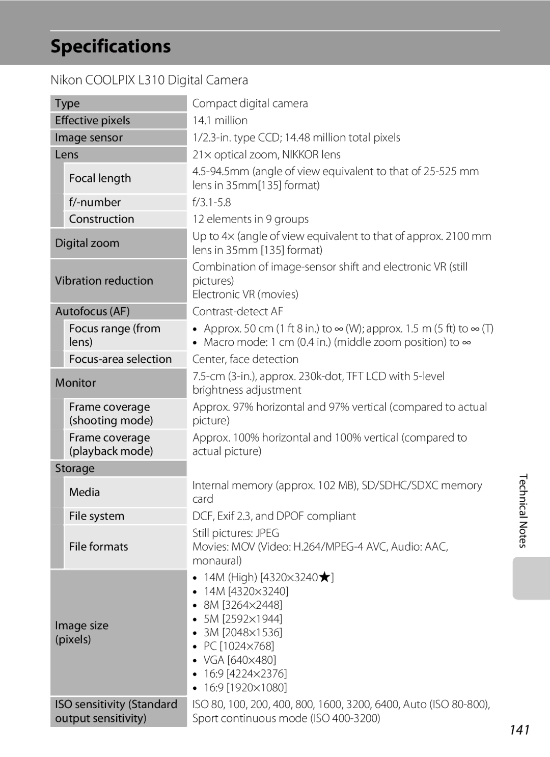 Nikon 26331 user manual Specifications, 141, Nikon Coolpix L310 Digital Camera 