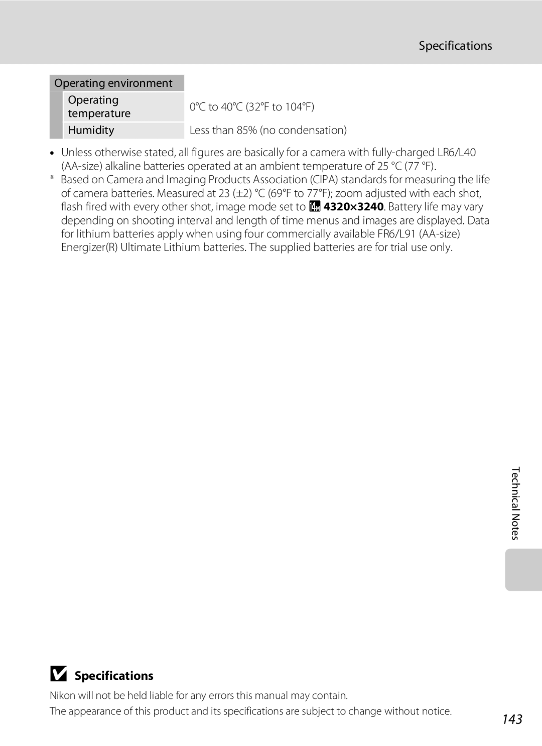 Nikon 26331, L310 user manual 143, Specifications 