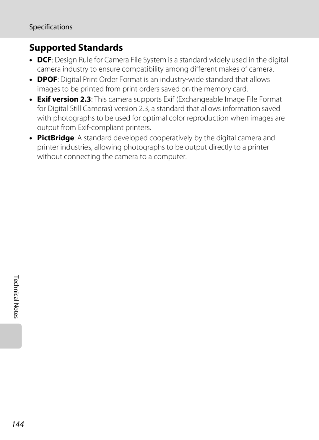 Nikon L310, 26331 user manual Supported Standards, 144 