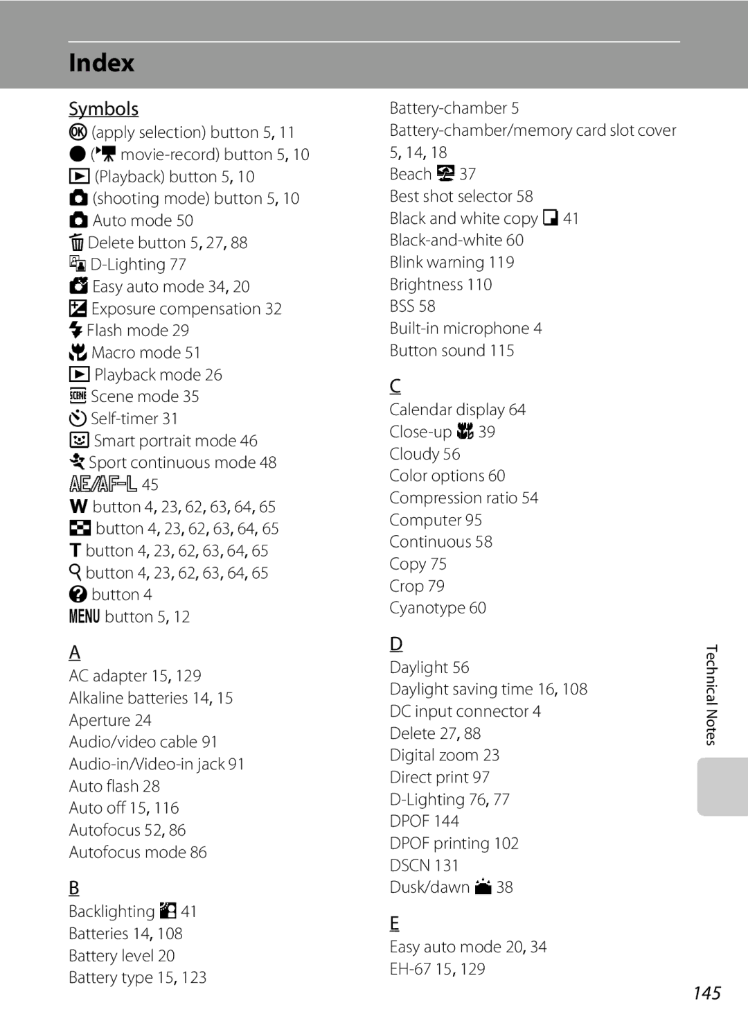 Nikon 26331, L310 user manual Index, Symbols, 145, Daylight 