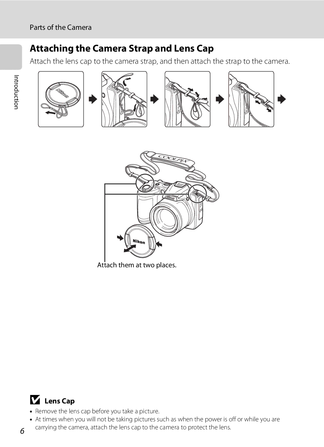 Nikon L310, 26331 user manual Attaching the Camera Strap and Lens Cap, Attach them at two places 