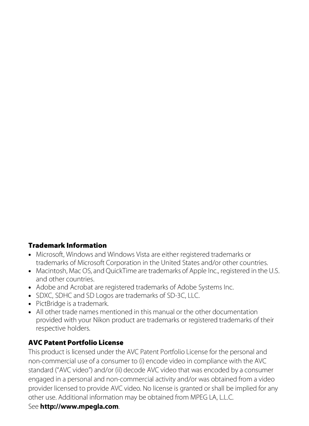 Nikon L310, 26331 user manual Trademark Information, AVC Patent Portfolio License 