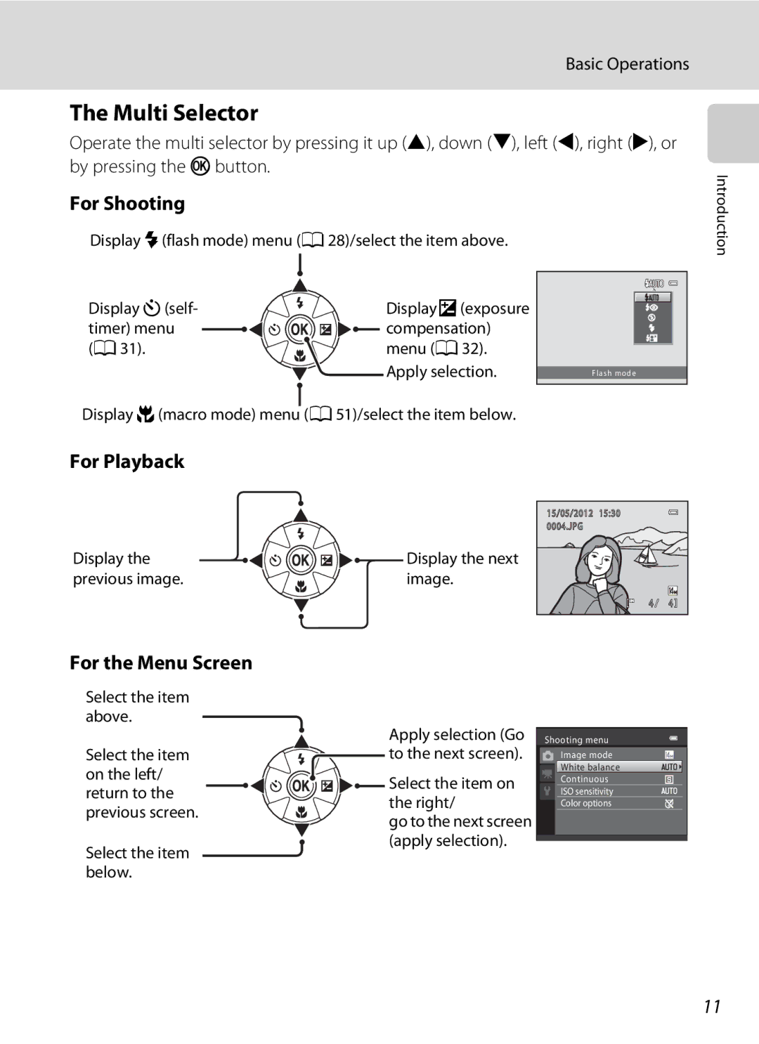 Nikon 26331, L310 user manual Multi Selector, For Shooting, For Playback, For the Menu Screen, Basic Operations 