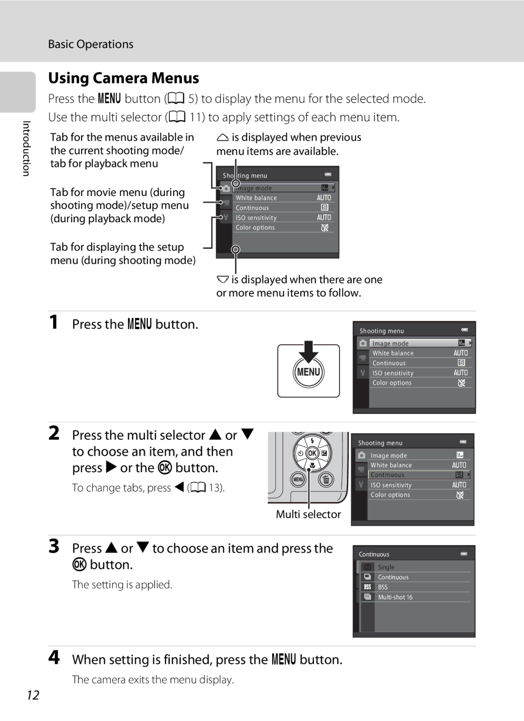 Nikon L310, 26331 user manual Using Camera Menus, Press the multi selector Hor, When setting is finished, press the dbutton 