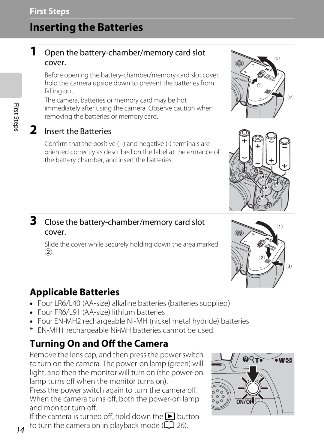 Nikon L310, 26331 user manual Inserting the Batteries, Applicable Batteries, Turning On and Off the Camera 