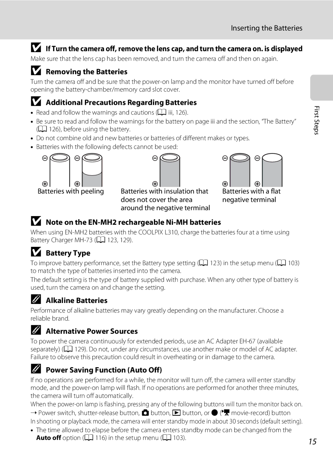 Nikon 26331, L310 Removing the Batteries, Additional Precautions Regarding Batteries, Battery Type, Alkaline Batteries 