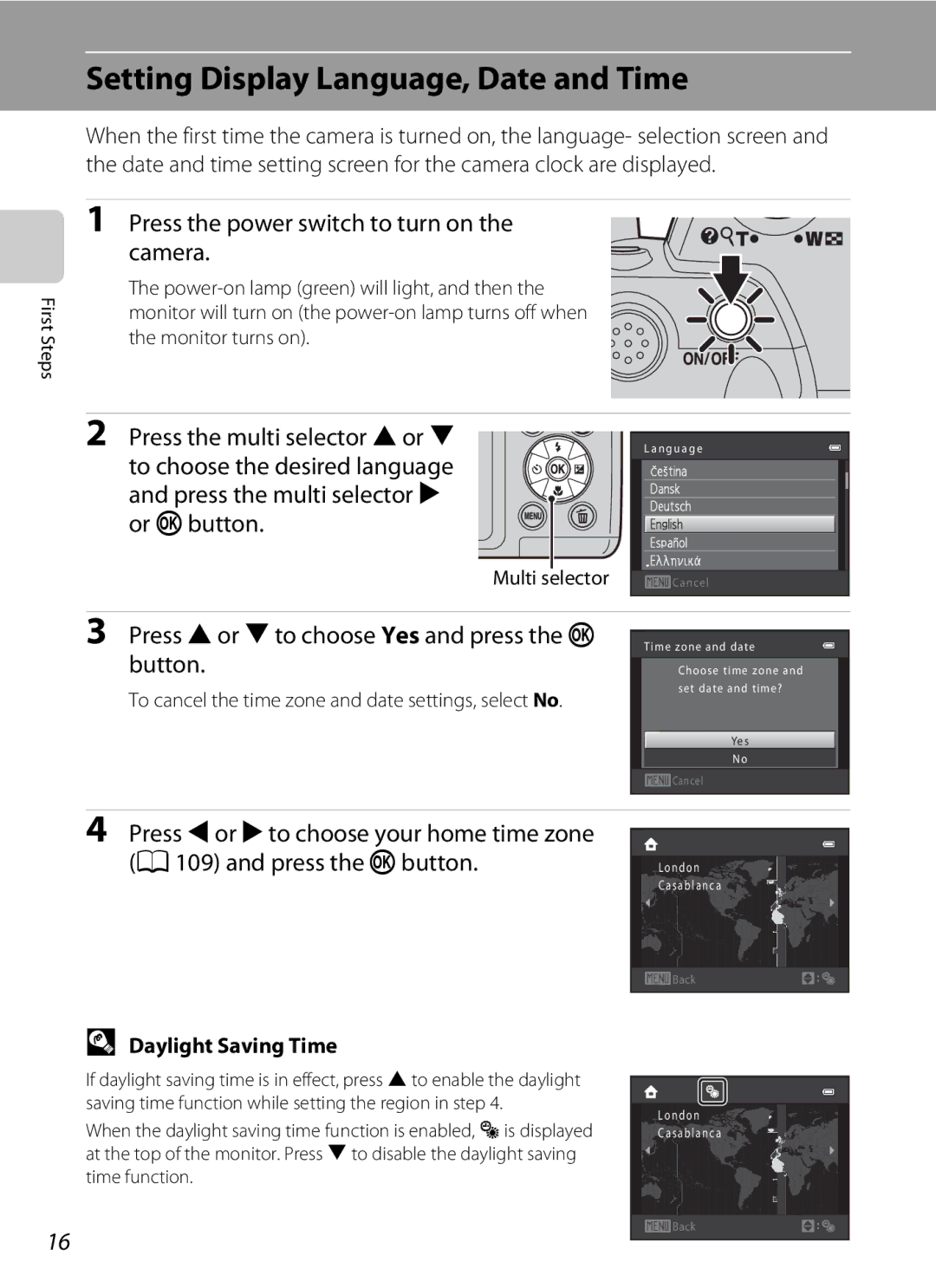 Nikon L310 Setting Display Language, Date and Time, Press the power switch to turn on the camera, Daylight Saving Time 