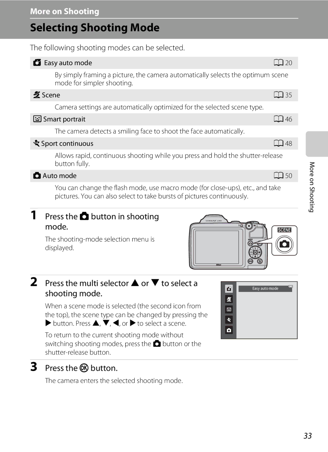 Nikon 26331, L310 Selecting Shooting Mode, Press the Abutton in shooting Mode, Following shooting modes can be selected 