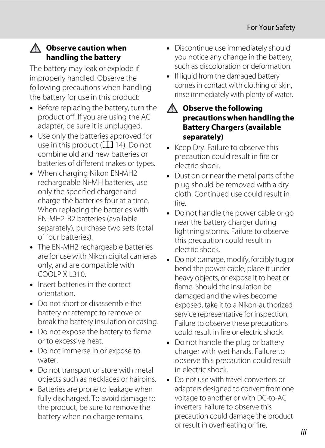 Nikon 26331, L310 user manual Iii, For Your Safety, Observe caution when handling the battery 