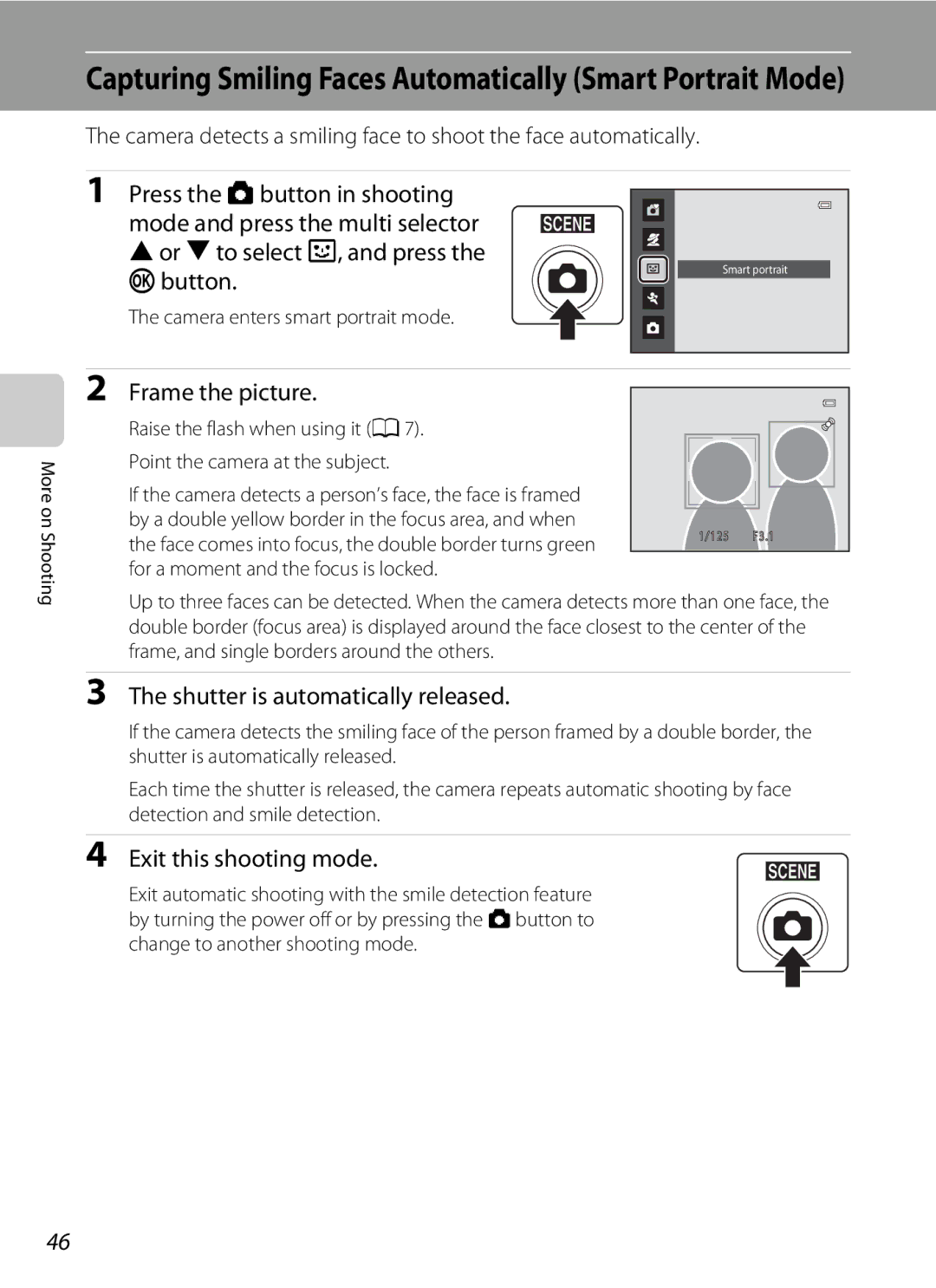 Nikon L310, 26331 user manual Shutter is automatically released, Exit this shooting mode, Camera enters smart portrait mode 